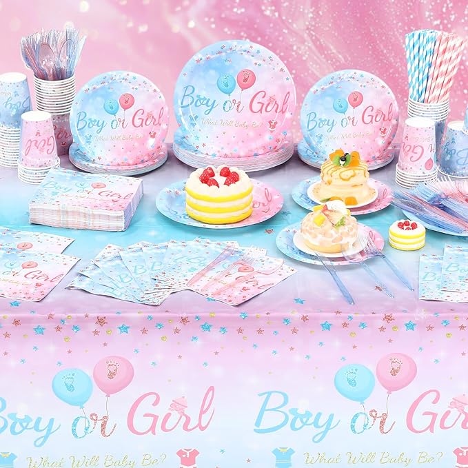 452 Pcs Gender Reveal Party Supplies for 50 Guests, Pink and Blue Gender Reveal Paper Plates Napkins Cups Tablecloth Cutlery Straws Disposable Tableware for Baby Shower Party Decoration