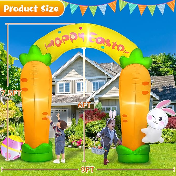 MICOCAH 9FT Long Easter Inflatables Archway Outdoor Decorations, Easter Inflatable Bunny Carrot Arch with Colorful Egg Built-in LEDs Blow Up Yard Decoration for Easter Decor Holiday Party Garden Lawn