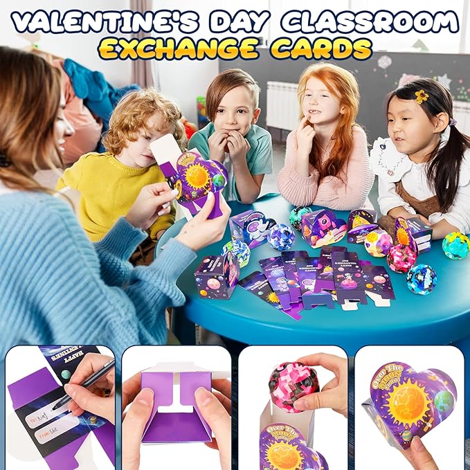 24 Pack Valentines Day Gifts for Kids, 24 Moon Bouncy Balls with Valentines Day Cards for School Class Exchange Goodies Bag Stuffers Classroom Party Favors