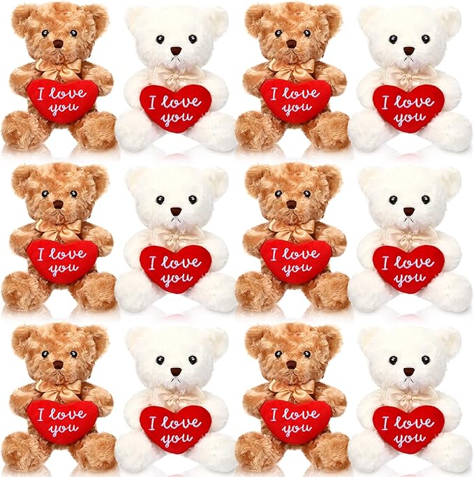Hungdao 12 Pack Valentine's Day Bear Bulk 10 Inch Soft Valentine Stuffed Animals Cute Plush Bears Romantic Gift for Valentines Day Girlfriend Birthday Wedding Anniversary Decoration(Heart)
