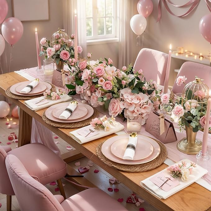 KIRE 175PCS Pink Plates Disposable - Heavy Duty Pink and Gold Plastic Plates Dinnerware Sets - 25 for Dinner 25 for Dessert 25 Pre Rolled Napkins 25Cups for Party/Wedding/Valentine's Day/Baby Shower