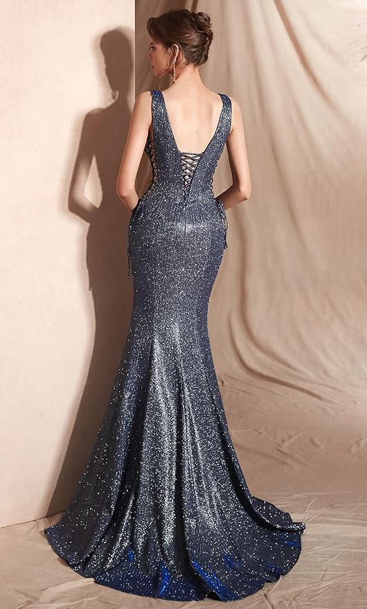 Women's Double V-Neck Sequins Lace-up Mermaid Evening Dress