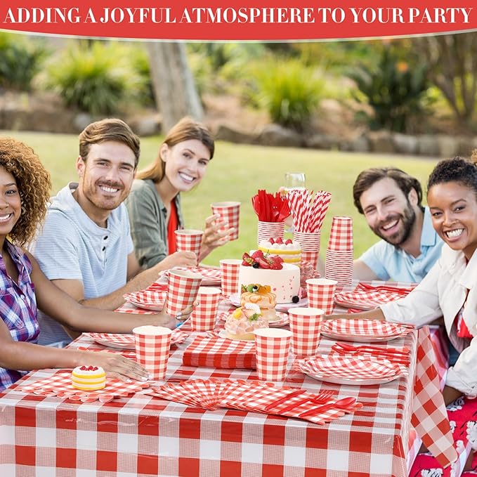 452 Pcs Red Gingham Party Supplies for 50, Red and White Gingham Checkered Paper Plates Napkins Cups Tablecloth Cutlery Straws for Birthday Family Picnic Camping Barbecue Party Decoration