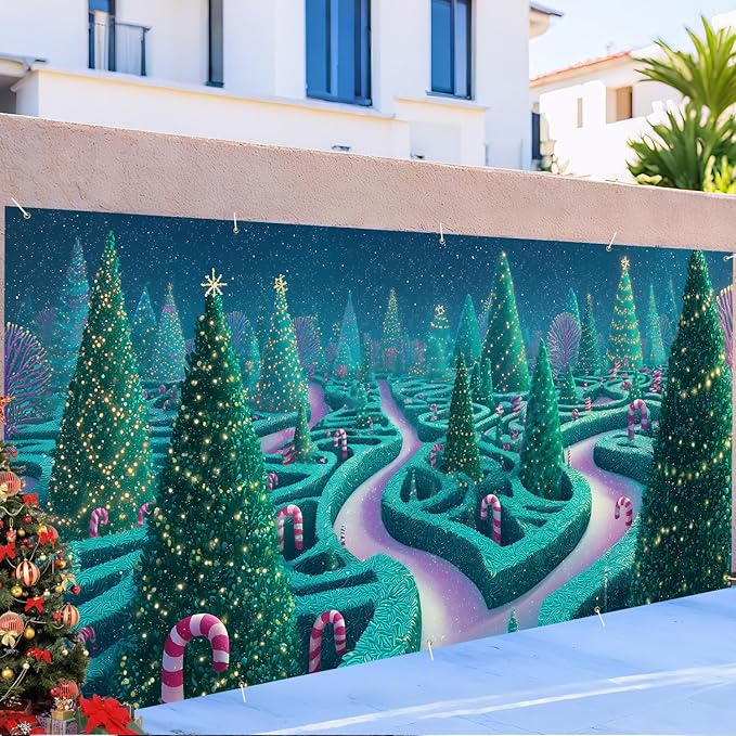 Christmas Maze with Trees Garage Door Banner 7x16FT, Winter Wonderland Holiday Scene, Outdoor Xmas Decoration for Garage Doors, Large Garage Cover for Christma