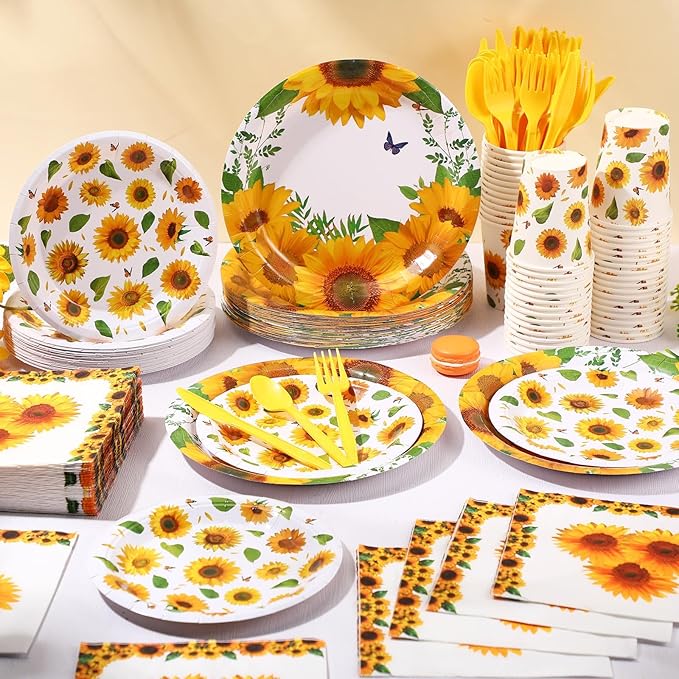Pickmesh 400 Pcs Sunflower Party Supplies for 50 Guests Disposable Plates Napkins Cups Spoons Forks Knives for Birthday Wedding Bridal Shower Baby Shower Sunflower Table Decorations