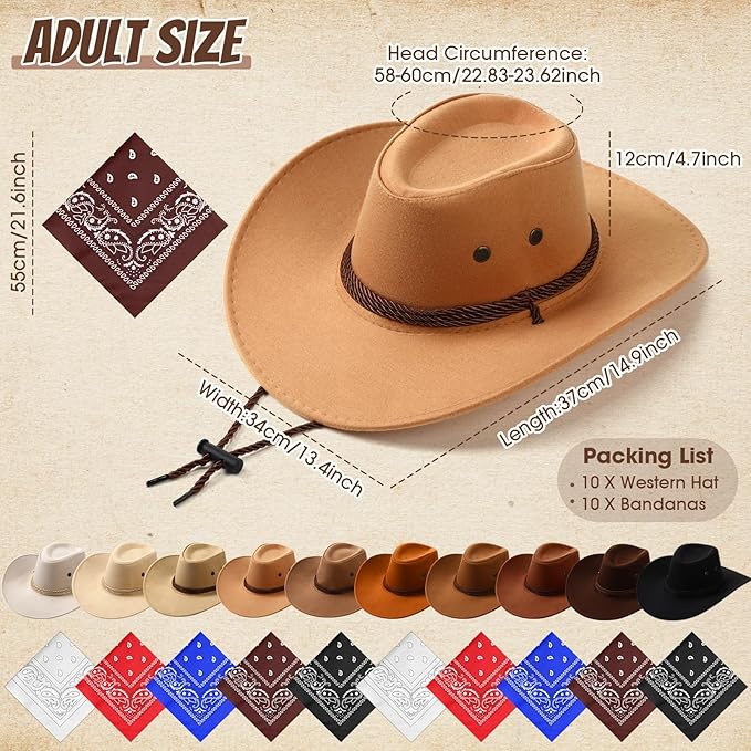 Coume 10 Set Cowboy Hat and Bandana for Women Men 10 Felt Cowgirl Cowboy Hat Bulk 10 Western Bandanas for Adult Costume Party