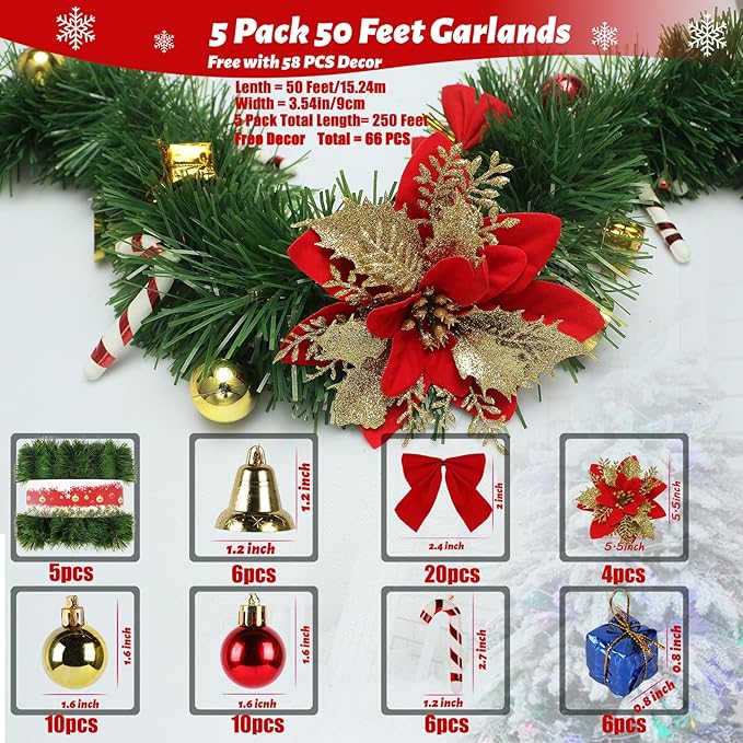 5 Pack 250FT Christmas Garland Flower for Christmas and Non-Lit Soft Greenery Holiday Decor for Outdoor Indoor Artificial Christmas Twist Garland Home Artificial Greenery Wedding Party Decoration