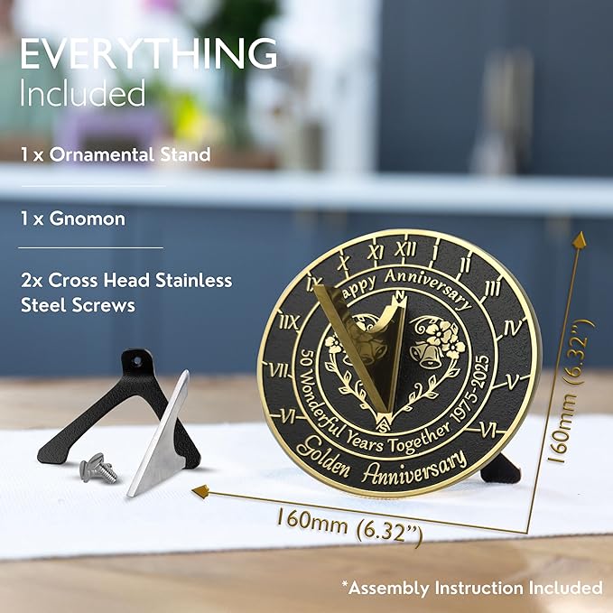 Anniversary Sundial Gift for 50th Golden Wedding Anniversary in 2026 - Recycled Metal Home Decor Or Garden Present Idea - Handmade in UK for Him, Her Parents Or Couples 50 Year Celebration