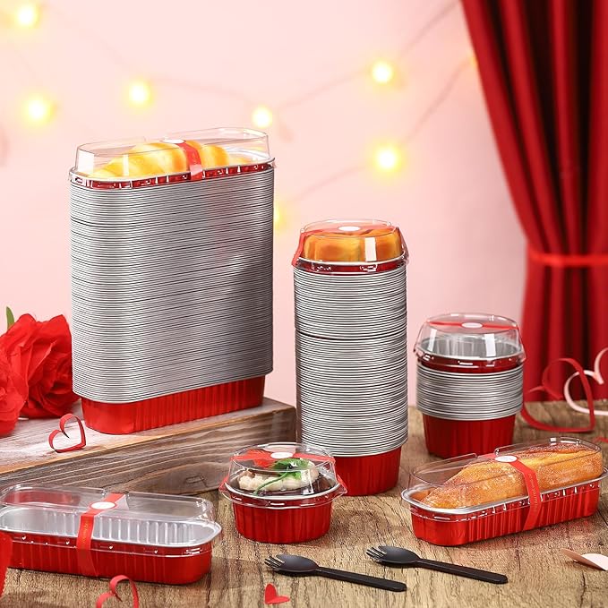 600 Pcs Valentine's Day Red Mini Loaf Pans with Lids and Spoons Sealing Stickers 6.8oz Disposable Aluminum Foil Muffin Baking Pans 5oz Cupcake Cups Cake Containers for Valentines Holidays Party