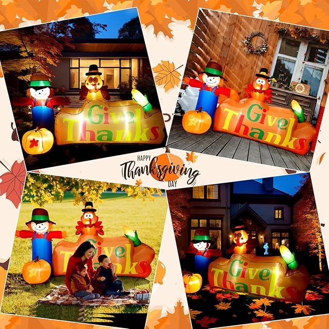 CAMULAND 8Ft Autumn Outdoor Built-in LED Inflatable Scarecrow and Turkey – Thanksgiving Inflatable Decorations Great for Home, Yard, Lawn – Warm Blow Up Décor for Fall Harvest Party