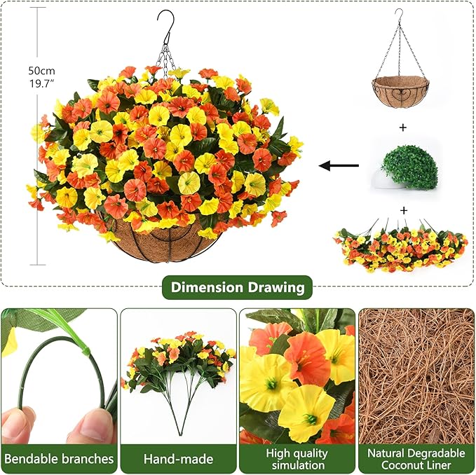 Artificial Fake Hanging Flowers Plants Baskets for Outdoor Decoration, Faux Silk UV Resistant Look Real Morning Glory Arrangement for Porch Patio Garden Deck Home Summary Decor(Orange Yellow)