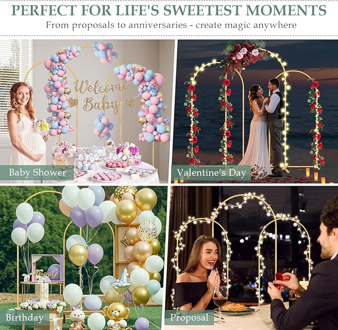 Balloon Arch Stand,7.2FT, 6.6FT, 6FT Set of 3 Metal Gold Wedding Backdrop Arch Stand Kit for Valentine Baby Shower Engagement Party Event Decoration Garden Floral Balloon Arch with Base