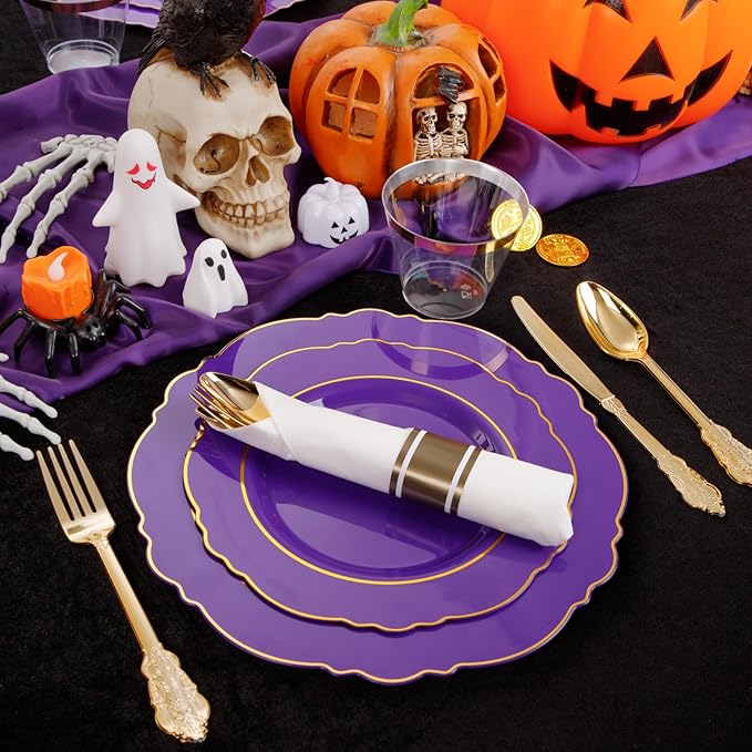 Liacere 175PCS Purple Plastic Plates-Disposable Purple and Gold - 25 guest Baroque Plastic Dinnerware include 50Plates,25Pack Pre Rolled Napkins with Silverware 25Cups for Wedding