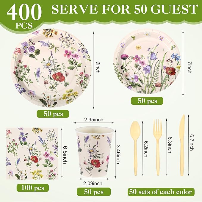 400 Pcs Wild Floral Disposable Paper Plates Napkins Cups Serve 50 Watercolor Floral Tableware Set for Spring Wedding Tea Party Decoration Bridal Shower Baby Shower (Fresh Color,Vivid Style)