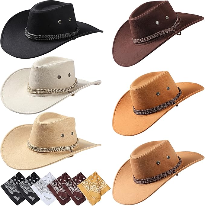 Zhanmai 12 Pcs Cowboy Hat and Bandana Cowboy Cowgirl Hats Bulk Western Party Costume Halloween Accessory