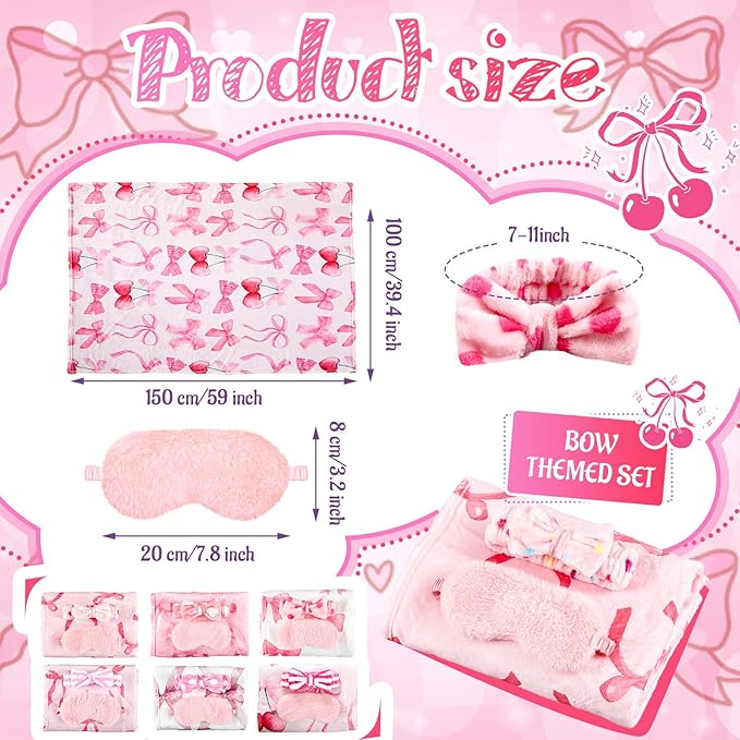 18 Pcs Sleepover Party Supplies for Girls, 6 Style Cute Pink Bow Blanket 6 Coral Fleece Spa Headband 6 Eye Mask Cover Galentines Day Decoration for Slumber Sleepover Spa Party Gift(Cute)