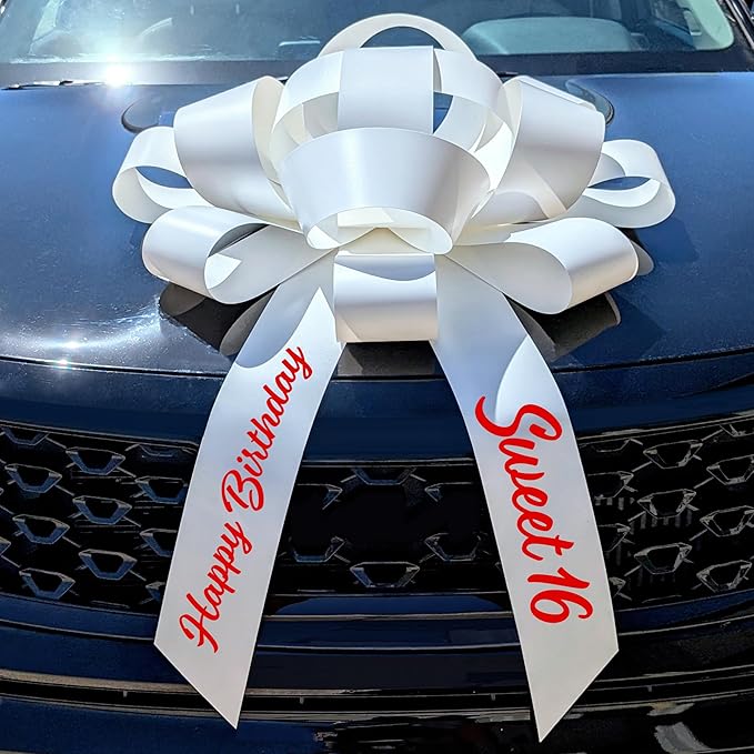 CarBowz Big Car Bow, Sweet 16 Happy Birthday, Giant 30" Bow, Non Scratch Magnet, Weather Resistant Vinyl White