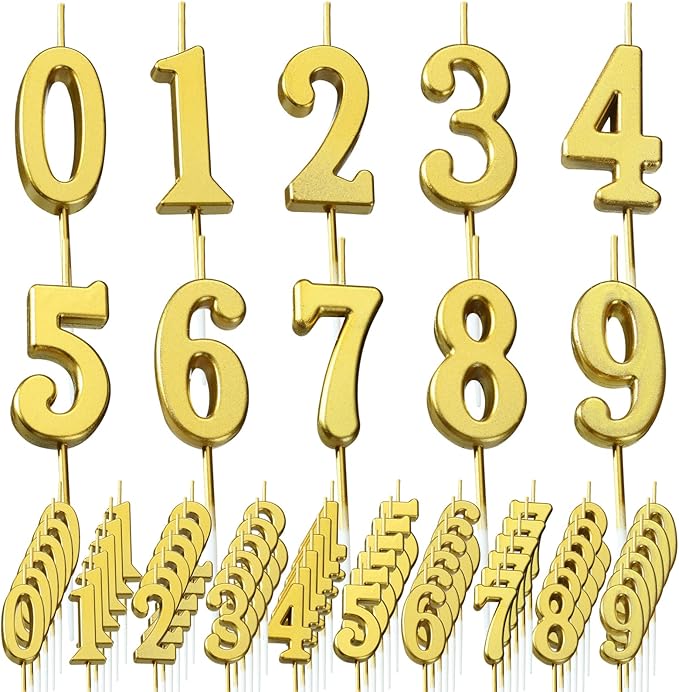 Treela 100 Pieces Number Birthday Candles Bulk, 3.94 Inch Gold Numeral 0-9 Candles for Birthday Cakes, Glitter Cake Topper Decoration for Wedding Anniversary Celebration and Party