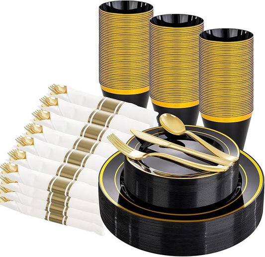 WELLIFE 210PCS Black and Gold Plastic Plates - Plastic Dinnerware Set for 30 Guests,Include 30 Dinner Plates, 30 Dessert Plates, 30 Black Cups 9 OZ, 30 Pre Rolled Napkins with Gold Silverware