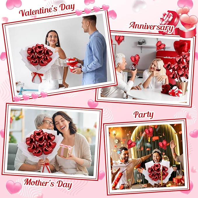 100 Pcs Valentine's Day Self Inflatable Heart Balloons with Bow Stems Mini Heart Balloons Decoration for Valentine Wedding Anniversary Party Supplies Cake Toppers(Red,6 Inch)