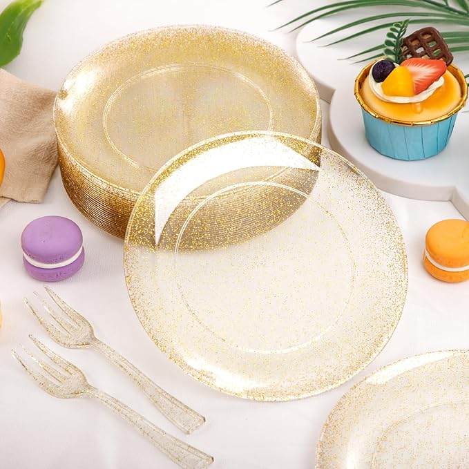 Festiva 200Pcs Gold Glitter Dessert Plates 6.3" with Forks 5"-Small Plastic Dessert/Cake/Appetizer Plates Disposable for 100 Guests Easter Party &Wedding& Birthday&New Year
