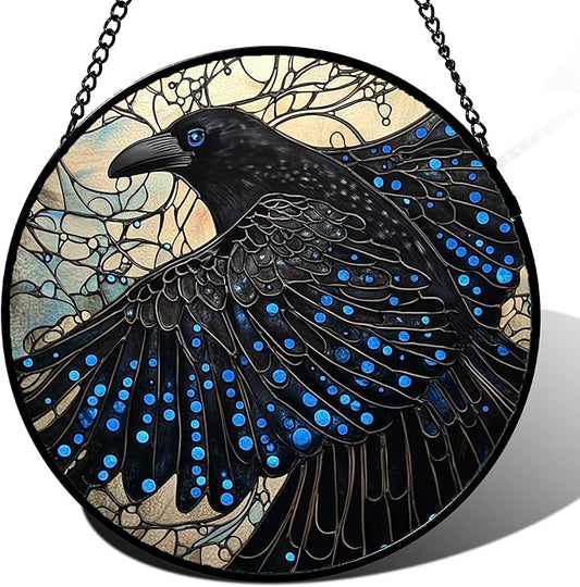 Stained Glass Window Hanging - Black Crow Big Wings Suncatcher for Doors Garden Patio Bird Sun Catchers Decor Christmas Mother's Day Birthday Gifts for Women Men Mom Nana Friend 9.8 in