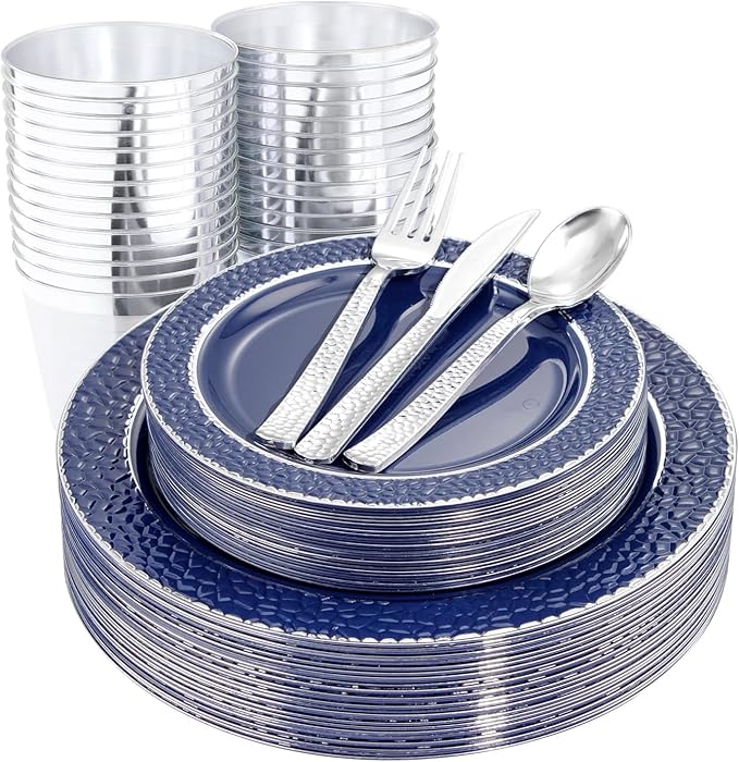 Ciaell 150 PCS Blue and Silver Plastic Plates - Blue Disposable Plate include 50 Plates, 25 Knives, 25 Forks, 25 Spoons, 25 Cups for Weddings & Party