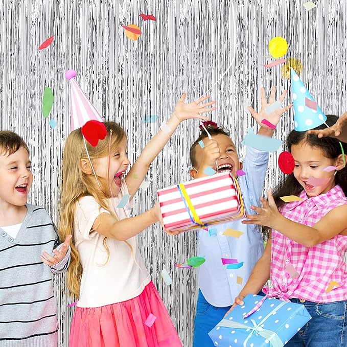Silver Foil Fringe Curtains 50 Pack 3.2ft x 8.2ft Fringe Backdrop Curtains Metallic Tinsel Streamer Photo Backdrop for Birthday Party Decorations Halloween Christmas Party Supply (Silver)
