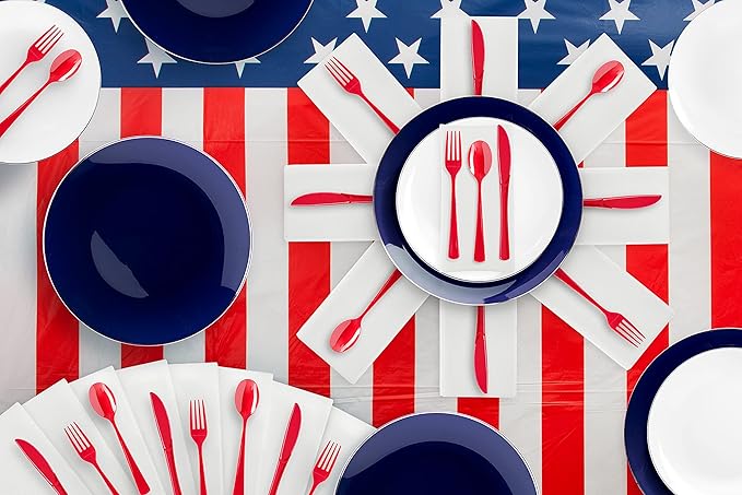 Trendables 4th Of July 190 Ct Red White And Blue Plastic Plate Set with Disposable Silverware Cutlery Fourth Of July Decorations Serves 20 Guests That Is The Perfect Patriotic Decorations For The Home