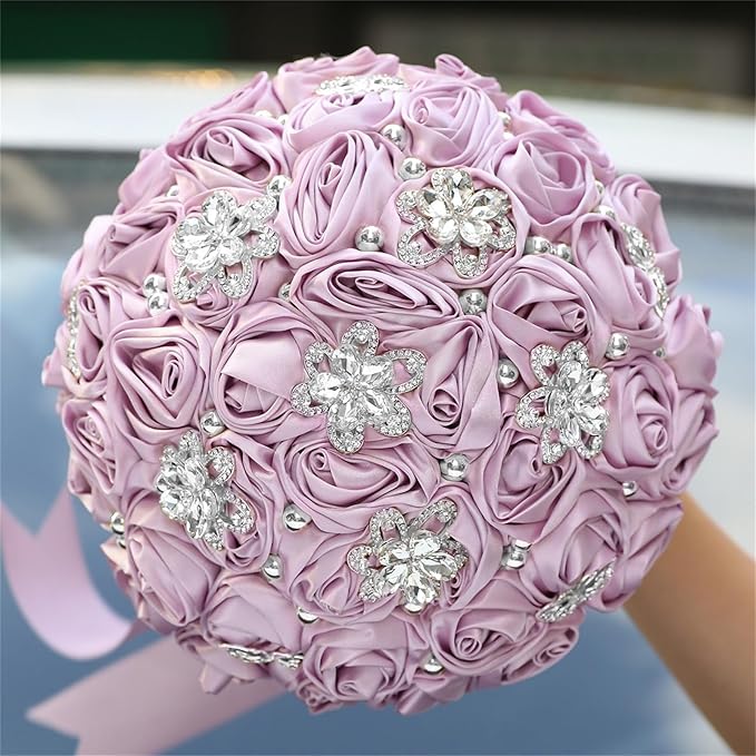 Bridal Wedding Bouquet for Bride Bridesmaid Wedding Quinceanera Throw Toss Artificial Rose Flower Bunch with Bling Brooch (AS#Taro, Medium (Dia. 8.7"/22cm))