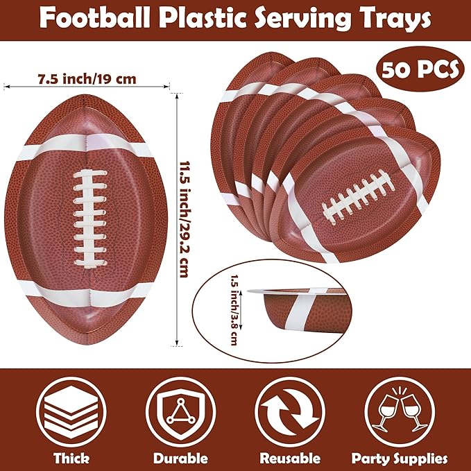 Kochorie 50 Pieces Football Plates 11.5 x 7.5 Inch Football Party Decorations Plastic Serving Trays Snack Serveware for Sports Game Day Birthday Supplies