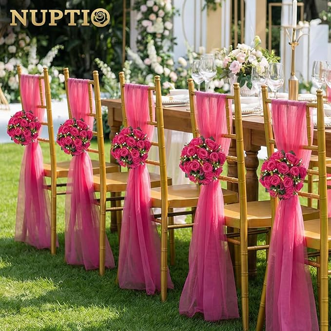 NUPTIO Flower Ball for Table Centerpieces: 10 Pcs Hot Pink Artificial Rose Kissing Balls for Wedding Party Valentine Tables - Faux Silk Floral Arrangements for Home Dining Event Decorations