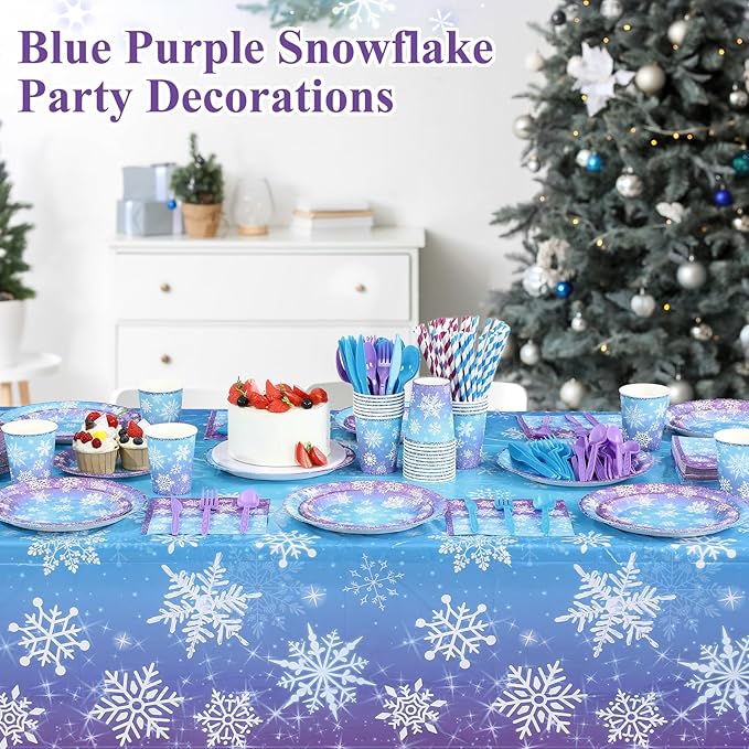 452 Pcs Winter Snowflake Party Decorations Purple Blue Wonderland Disposable Paper Plates Napkins Cups Tablecloth Cutlery Straws for Christmas Holiday Birthday Party Supplies