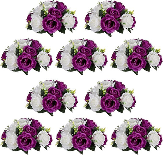 NUPTIO Flower Centerpieces for Wedding Tables: 10 Pcs Purple & White Artificial Flower Ball Arrangement for Christmas Thanksgiving Party - Fake Floral Rose for Bridal Shower Decor