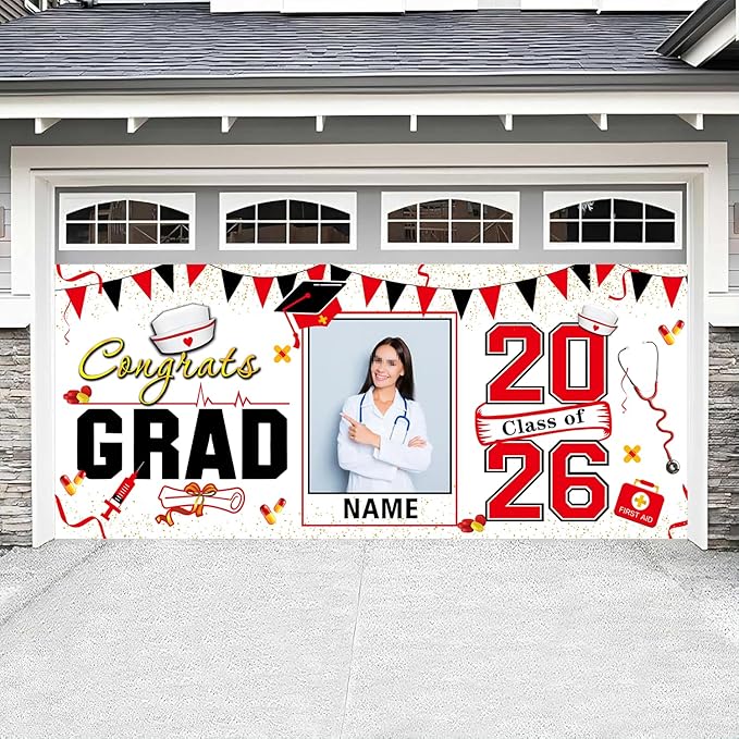 Custom Garaduation Garage Door Banner Cover 16 x 7 ft Class of 2026 Congrats Grad Party Backdrop Personalized Graduation Decoration(Red and White)