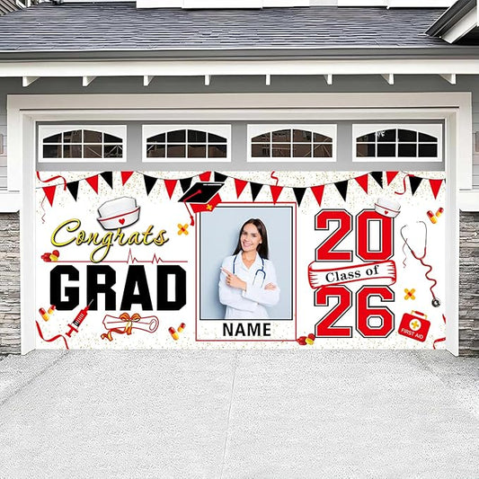 Custom Garaduation Garage Door Banner Cover 16 x 7 ft Class of 2026 Congrats Grad Party Backdrop Personalized Graduation Decoration(Red and White)