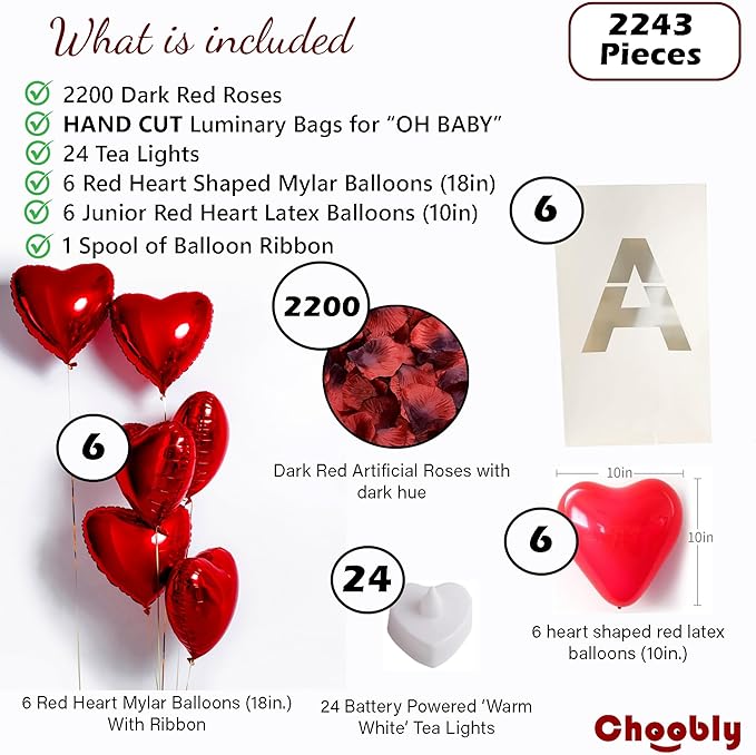 OH Baby Luminary Bags with Tea Light Candles, Balloons, and Rose Petals – Romantic Decorations for Proposals, Anniversaries, and Special Moments