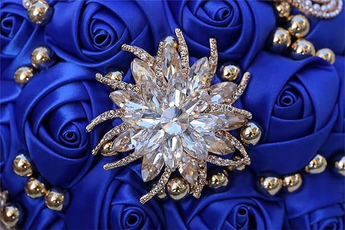 Bridal Wedding Bouquet for Bride Bridesmaid Wedding Quinceanera Throw Toss Artificial Rose Flower Bunch with Bling Brooch (07G#Sapphire, Large (Dia. 9.8"/24cm))