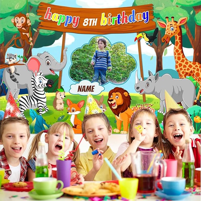 Custom Jungle Safari Happy Birthday Party Decorations Supplies Personalized Jungle Safari Animal Birthday Backdrop Banner(6x9ft)