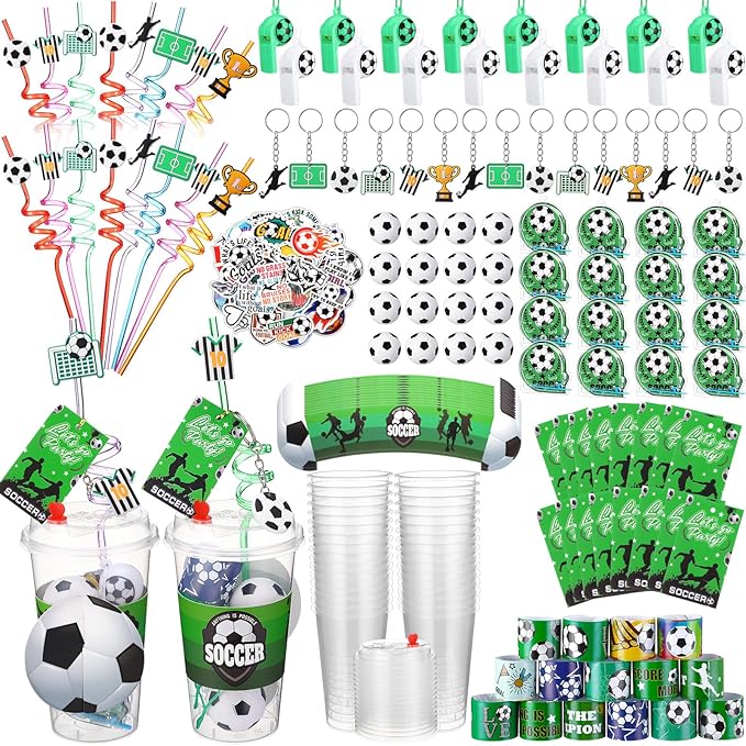 Party Favors Set with Cup Straw Cup Sleeve Bouncy Ball Mini Pinball Machine Keychain Sticker Clap Bracelet Tag for Sport Reward Birthday Gift Party Supplies(195 Pcs,Soccer)