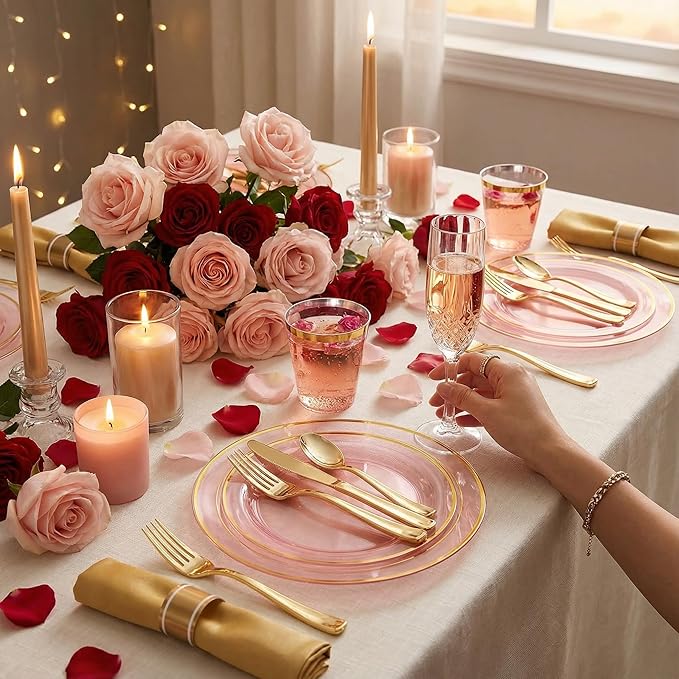 WELLIFE 210Pcs Clear-Pink Plastic Dinnerware- Pink and Gold Plastic Dinnerware include 30 Dinner Plates, 30 Dessert Plates, 90 Gold Silverware, 30 Cups and 30 Napkins Perfect for Parties