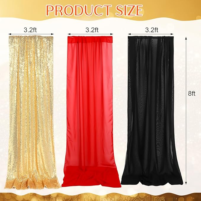 Red Black Gold 7 Pcs Movie Night Sequin Backdrop Curtains 2ft x 8ft Photo Background Curtain Stage Door Entrance Runner Cover for New Year Movie Night Theme Party Wedding Birthday Decor