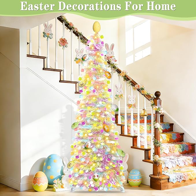 Timer - Easter Decorations, 5Ft Lighted Easter Tree with 50 LED Warm White Lights 12 Colorful Eggs Ornaments Battery Operated Easter Egg Tree Pop Up Tinsel Collapsible Tree for Home Porch Office Party