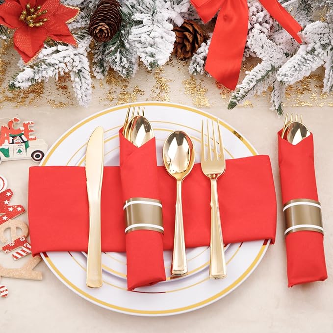 Nervure 400PCS Pre Rolled Gold Plastic Silverware Sets - Heavy Duty Gold Cutlery - Include 100 Pack Wrapped Disposable Utensils with Red Napkins for Christmas & Party & Wedding