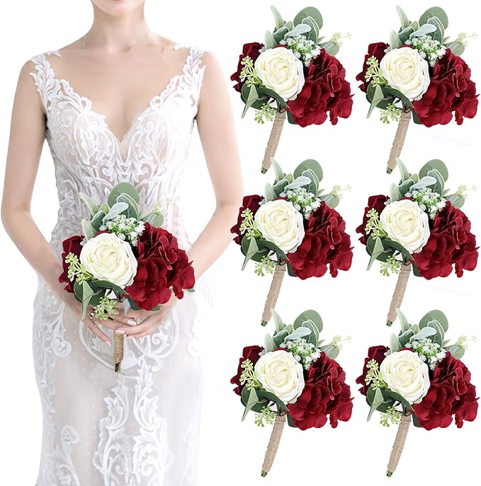 Artificial Flowers Bridesmaids Bouquets Set of 6 - Burgundy and White Bridesmaid Bouquet Handmade Small Silk Rose Floral Bouquet for Wedding Bridal Shower Anniversary Marriage Proposal -7 Inch