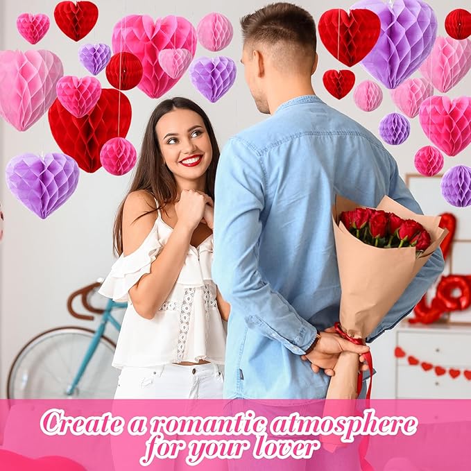 48 Pcs Valentine's Day Paper Heart Shaped Honeycomb Party Decorations Red Pink Purple Round Heart Tissue Paper Pom Poms for Birthday Wedding Decorations, 5 Size
