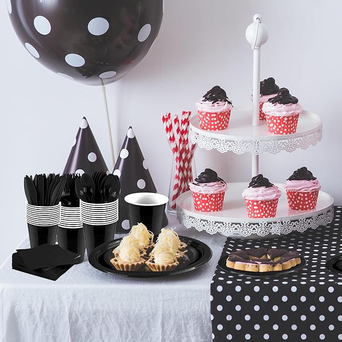 Aodaer 400 Pieces Black Party Supplies Disposable Dinnerware Set Include Plastic Plates Cups Knives Forks Spoons Paper Napkins for Birthday Wedding Graduation Parties, Serve 50 Guests
