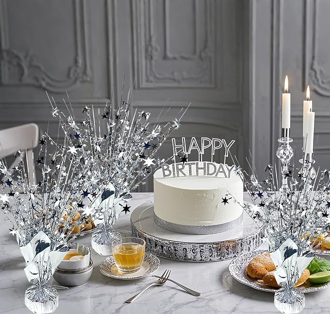 18 Pack Metallic Foil Spray Centerpiece Star Table Decoration Burst Glitter Tabletop Centerpieces for Birthday Christmas New Years Nye Wedding Graduation Holiday Party Supplies Decor, Silver