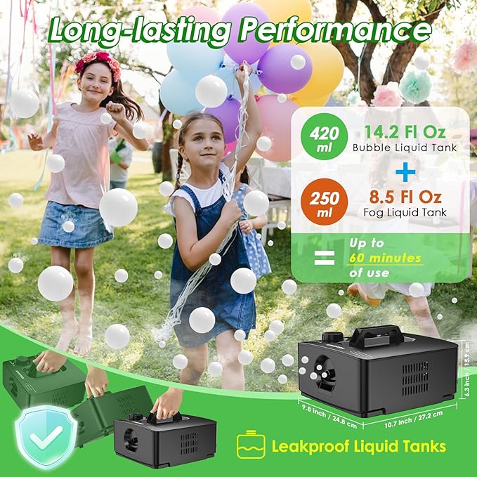 Fog Bubble Machine, 2-in-1 Smoke Bubble Maker, 400W No-Spill Fog Bubble Blower, 8000+ Colorful/Fog Bubbles for Kids Toddlers Indoor Outdoor Birthday Party (Black)
