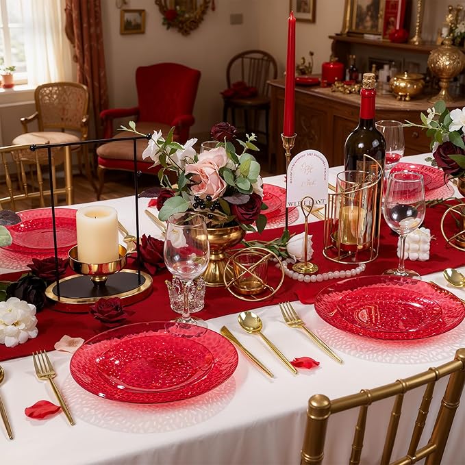 Rubtlamp 60 Pcs Red Plasitc Plates, Heavy Duty, Disposable,Clear Red Disposable Plates, Hammered Plastic plates Include 30 Dessert Platos, 30 Dinner Platos for Party